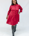 Model wearing burgundy linen dress.