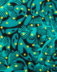 Close up display of teal floral maxi dress, fabric.