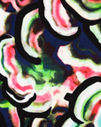 Close up display of colorful abstract print dress, fabric.