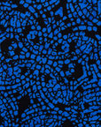 Close up display of black and blue floral dress, fabric.