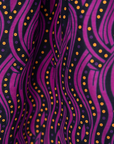 Close up display of fuchsia skirt with small dot design, fabric.