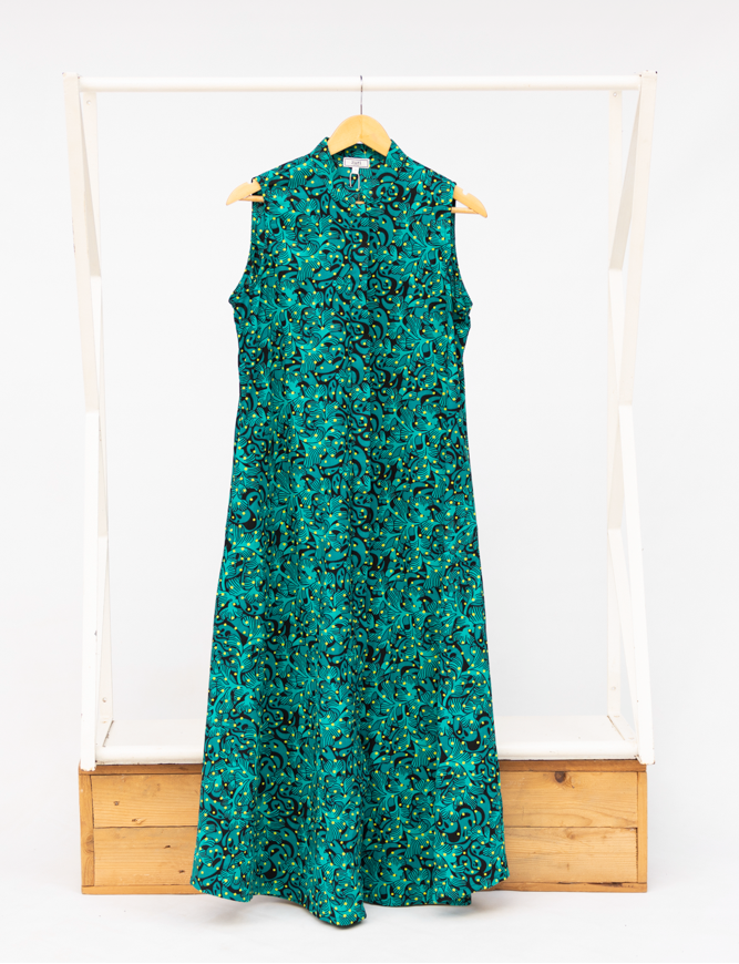 Display of teal floral maxi dress.