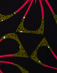 Close up display of navy and green dress with pink floral print, fabric.