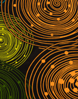 Close up display of black dress with orange, yellow, blue and green swirls, fabric.