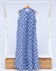 Display of blue and white mosaic print dress.